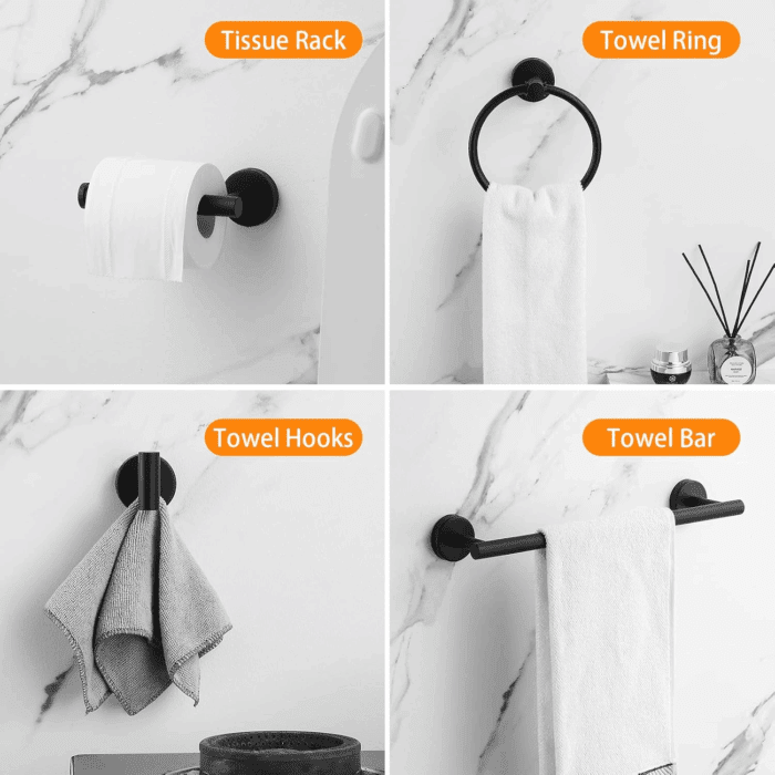 Bathroom Hardware Set Black 10 Pieces, Towel Bar Set Matte Black Stainless Steel Towel Rack Set Includes 2PCS 16'' Towel Bar, 4PCS Towel Hooks, 2PCS Toilet Paper Holder and 2PCS Towel Ring - Image 2