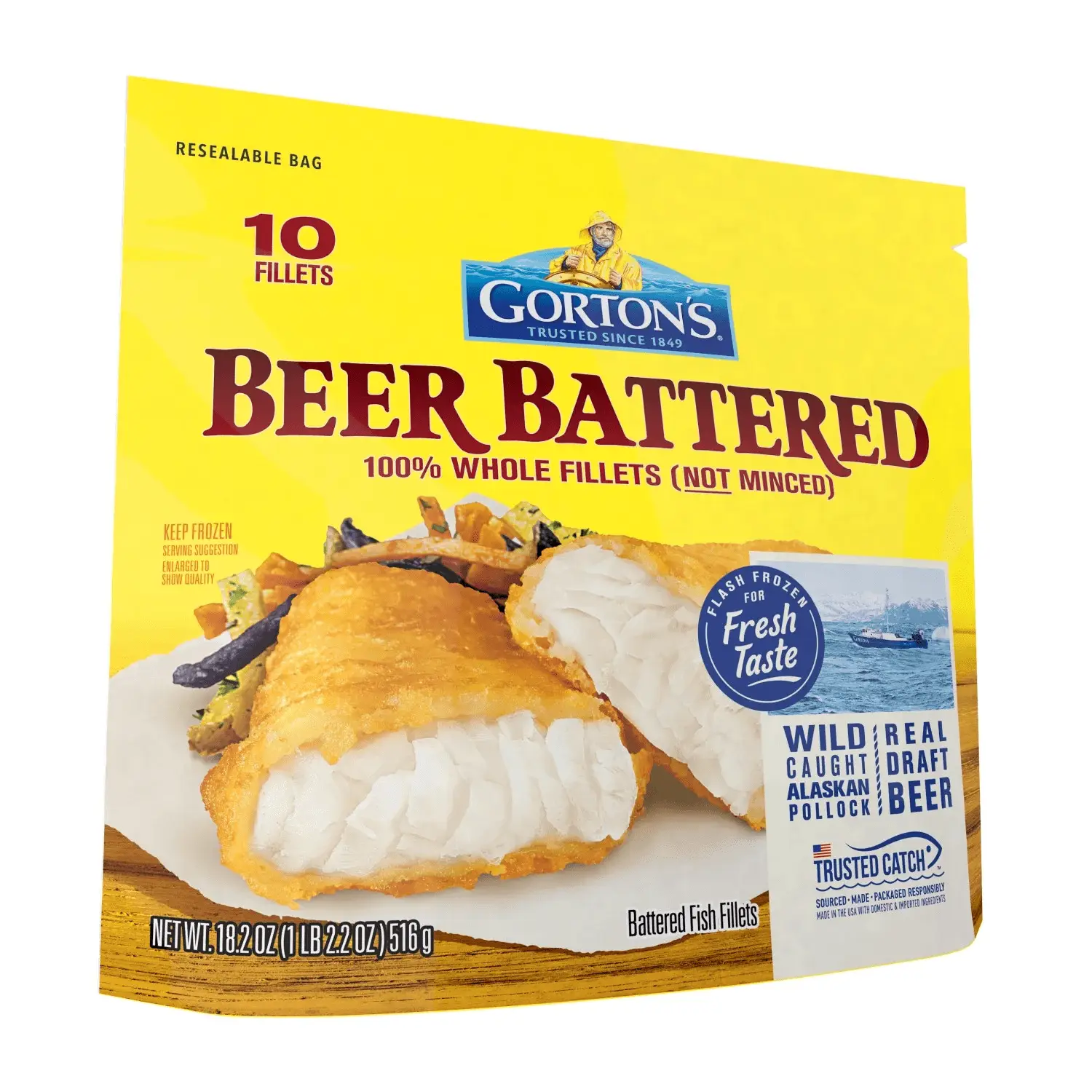 Gorton’S Beer Battered Fish 100% Whole Fish Fillets (Not Minced), Wild Caught Pollock, Frozen, 10 Count, 18.2 Ounce Resealable Bag - Image 2