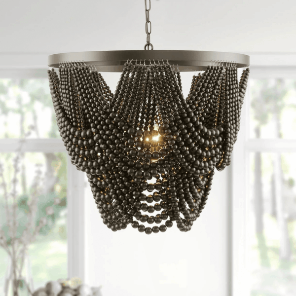 Black 12.6 Inch Wood Bead Chandelier Flush Mount Ceiling Light Fixture 3-Light Boho Light Fixtures Ceiling Farmhouse Chandeliers for Bedroom Dining Room - Image 9