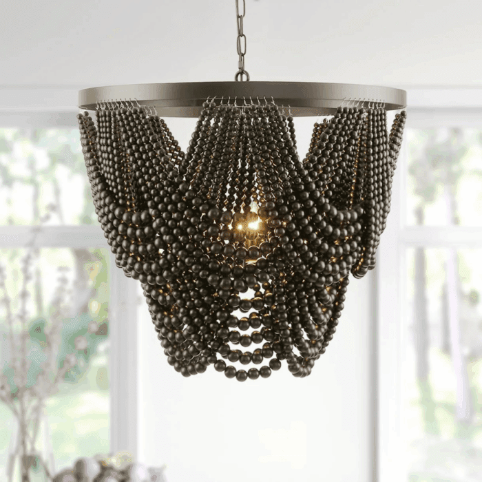 Black 12.6 Inch Wood Bead Chandelier Flush Mount Ceiling Light Fixture 3-Light Boho Light Fixtures Ceiling Farmhouse Chandeliers for Bedroom Dining Room - Image 9
