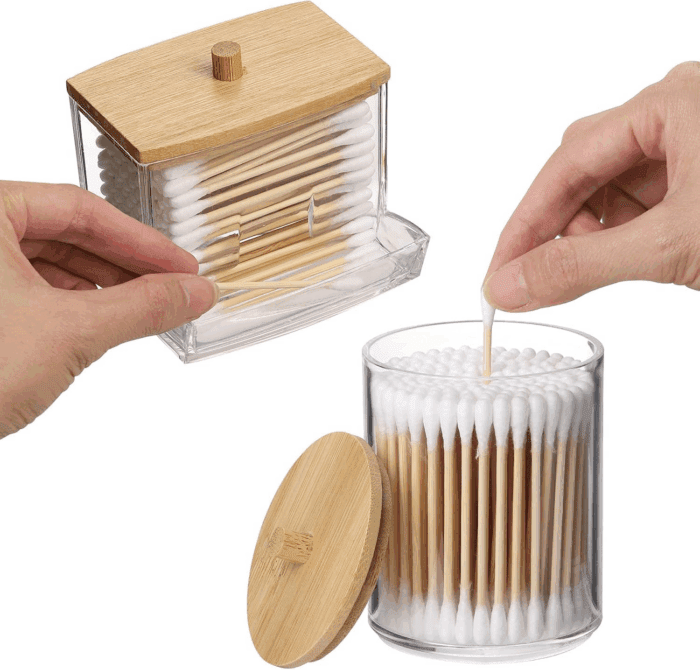 Qtips Holder Bathroom Container, 10/7 OZ Cotton Ball/Swabs Dispenser, Apothecary Jar Organizer for Storage Wood Lids - Image 3