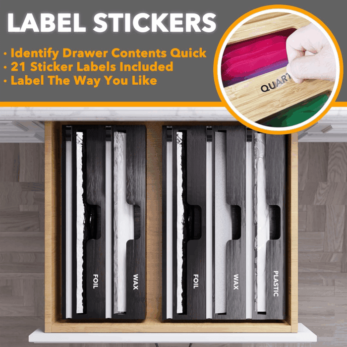 Wrapneat 3 in 1 Wrap Organizer with Cutter and Labels, Plastic Wrap, Aluminum Foil and Wax Bamboo Dispenser for Kitchen Storage Organization Holder for 12" Roll (Black) - Image 4