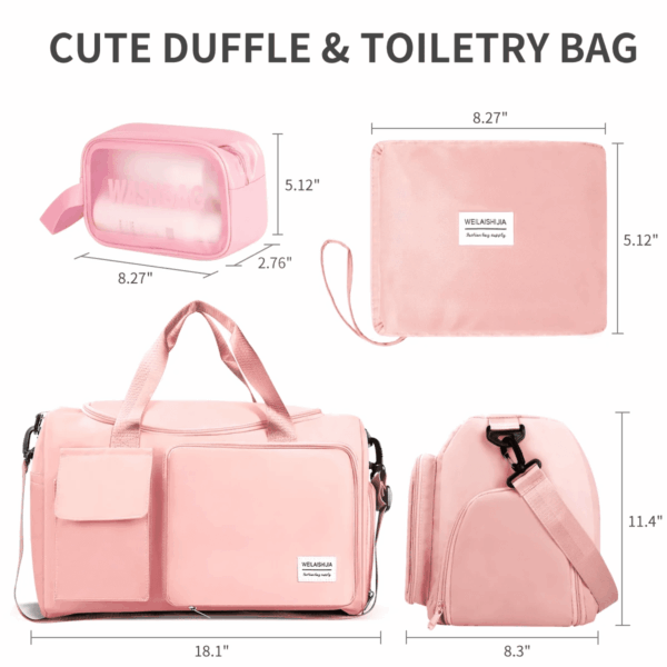 Travel Duffel Bag for Women, Foldable Weekender Overnight Bag with Shoe Compartment, Waterproof Shoulder Sports Tote Gym Bag with Toiletry Bag for Travel, Hospital Holdalls, Pink - Image 3