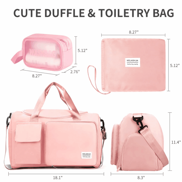 Travel Duffel Bag for Women, Foldable Weekender Overnight Bag with Shoe Compartment, Waterproof Shoulder Sports Tote Gym Bag with Toiletry Bag for Travel, Hospital Holdalls, Pink - Image 3