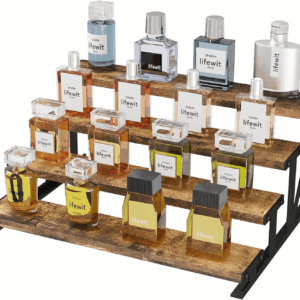 4-Tier Wooden Dispaly Riser with Metal Stand, 13.9 Inch Step Cologne Stand, Perfume Organizer, Display Shelf for Fragrance, Skincare, Figurine, Spice, Tabletop, Cabinet, 1 Set, Rustic Brown