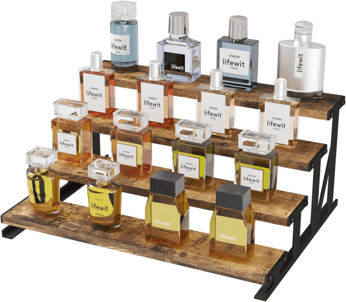 4-Tier Wooden Dispaly Riser with Metal Stand, 13.9 Inch Step Cologne Stand, Perfume Organizer, Display Shelf for Fragrance, Skincare, Figurine, Spice, Tabletop, Cabinet, 1 Set, Rustic Brown