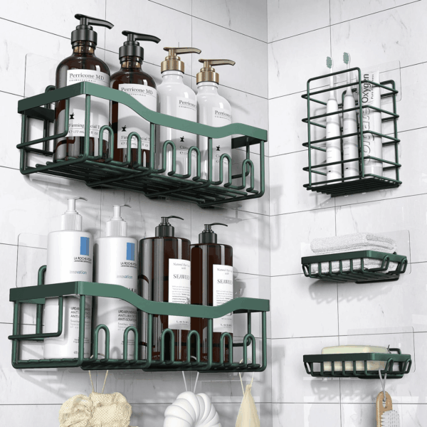 5-Pack Rustproof Stainless Steel Shower Caddy – No Drill Adhesive Bathroom Organizer with Large Capacity, Spacious Shower Shelves for inside Shower, Kitchen & Home Decor Storage