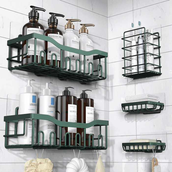 5-Pack Rustproof Stainless Steel Shower Caddy – No Drill Adhesive Bathroom Organizer with Large Capacity, Spacious Shower Shelves for inside Shower, Kitchen & Home Decor Storage