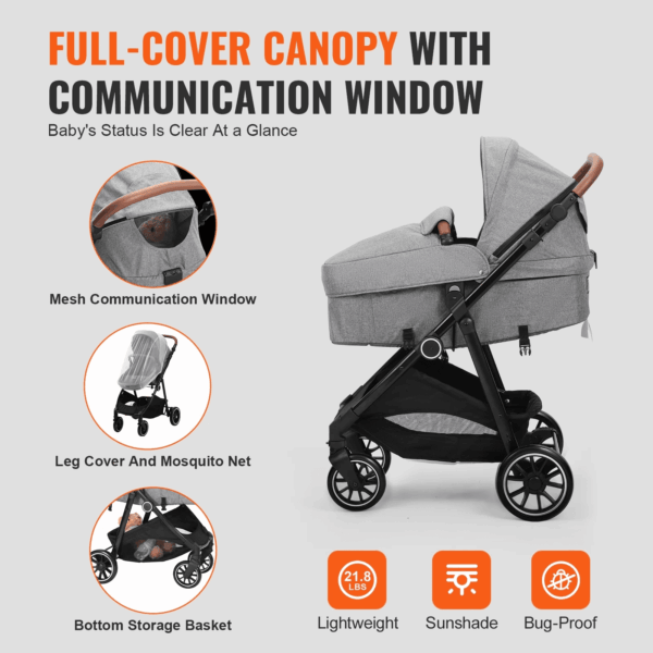 2 in 1 Convertible Baby Stroller, Foldable Infant Newborn Bassinet Pram, Unisex Travel Stroller for Newborn Baby, Dark Grey - Image 6