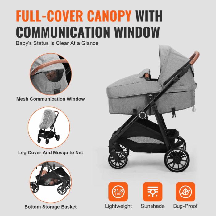 2 in 1 Convertible Baby Stroller, Foldable Infant Newborn Bassinet Pram, Unisex Travel Stroller for Newborn Baby, Dark Grey - Image 6