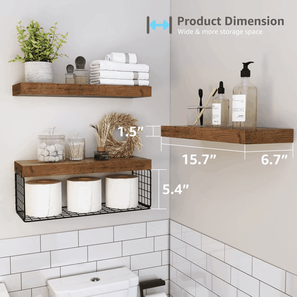 Bathroom Shelves over Toilet - Wall Mounted Floating Shelves Toilet Paper Storage Small Farmhouse Decor Shelf 16 Inch Set of 3, Rustic Brown (019-BN3) - Image 3