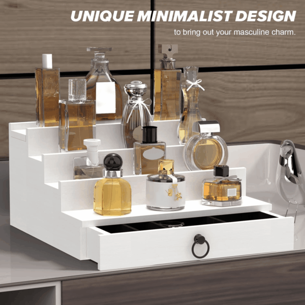 Cologne Organizer for Men, 4 Tier White Wood Perfume Organizer with Felt Lining Drawer and Hidden Compartment, Perfume Display Holder, a Gift for Men - Image 8
