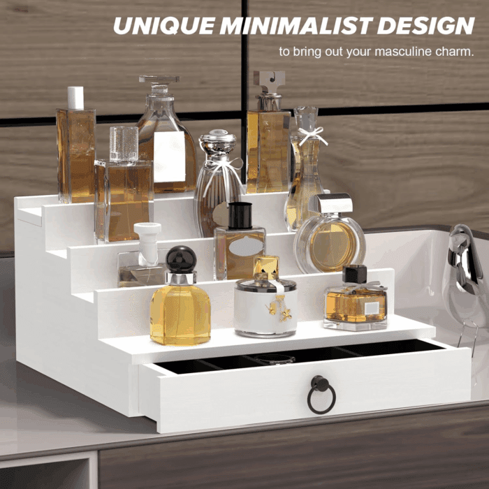 Cologne Organizer for Men, 4 Tier White Wood Perfume Organizer with Felt Lining Drawer and Hidden Compartment, Perfume Display Holder, a Gift for Men - Image 8