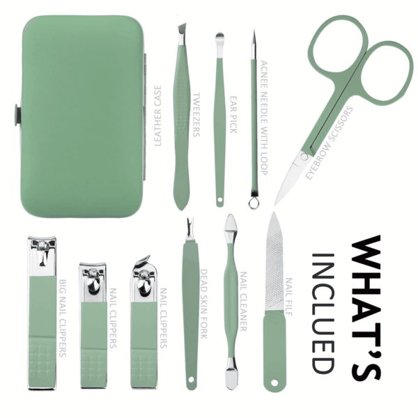 Manicure Set 10 in 1 Stainless Steel, Nail Clippers Scissors Pedicure Tools Kit - Portable Travel Grooming Kit for Men and Women with Leather Case (Jade Green) - Image 2