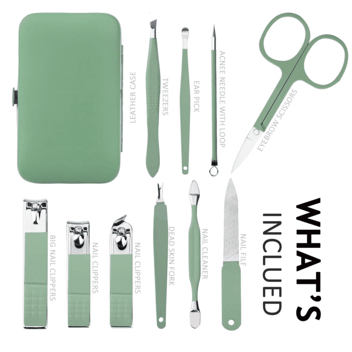 Manicure Set 10 in 1 Stainless Steel, Nail Clippers Scissors Pedicure Tools Kit - Portable Travel Grooming Kit for Men and Women with Leather Case (Jade Green) - Image 2