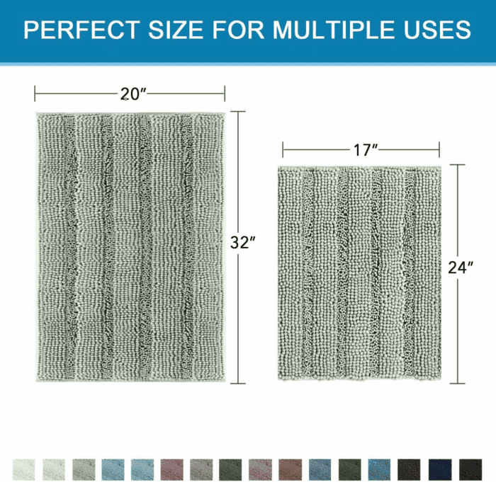 Sage Bathroom Rugs, Bath Mat Set of 2 Extra Thick Chenille Striped Pattern Shaggy Bath Rugs for Bath Room, Non Skid Bath Mats for Bathroom Floor (32 X 20 plus 24 X 17 - Inches) - Image 2
