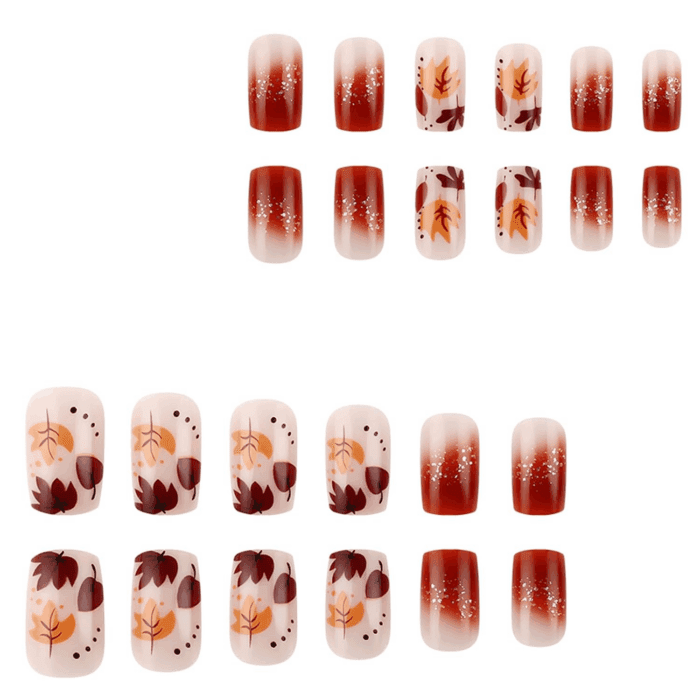 24 Pcs Fall Maple Leaf Press on Nails Short Square Reddish Brown Glitter Fake Nails Full Cover Brow French Tip False Nails Autumn Maple Leaf Artificial Nails for Women DIY Autumn Manicure Decorations - Image 3