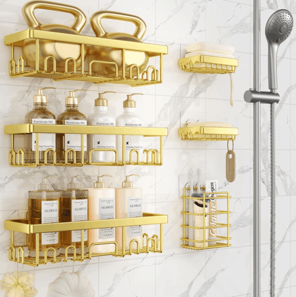 Adhesive Shower Caddy 6-Pack,Gifts for Women Mom,Heavy Weight Bearing,Large Wall Mounted Bathroom Shelves Rack,Organizer Storage Accessories with Soap Dish&Toothbrush Holder,Bright Gold
