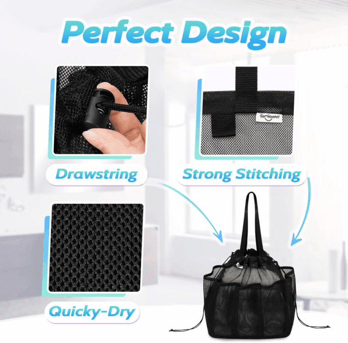 Mesh Shower Caddy Portable with Drawstring, Dorm Room Essentials for College Students Boy & Girl, Larger Shower Bag for Camping,Swimming,Gym,Travel,Bathroom - Black - Image 3