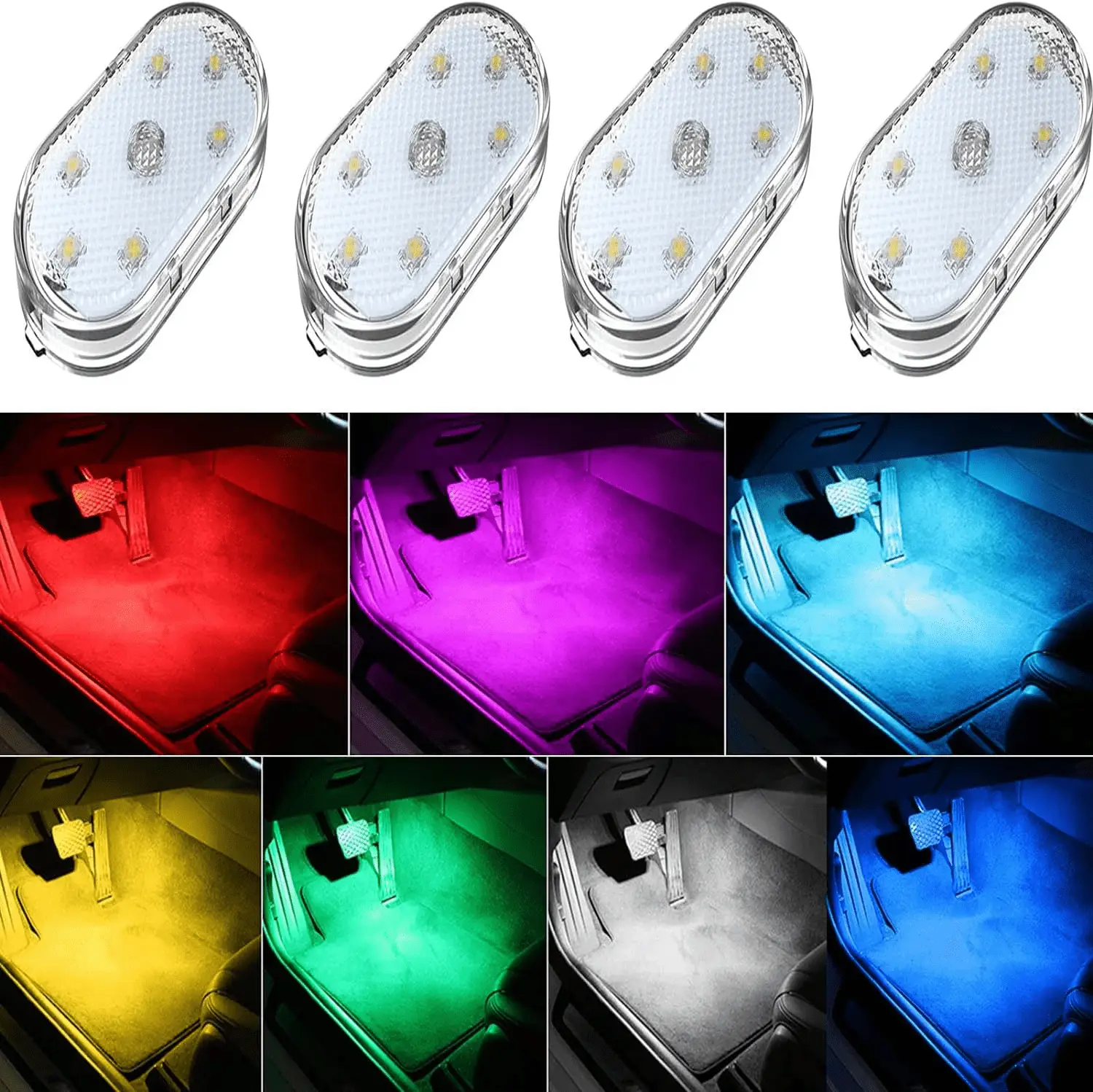4Pcs Wireless LED Lights for Car Interior,7 Colors Ambient Lighting Car Interior,Car Lights inside Your Car,Usb Rechargeable Car Interior Led Night Light for Car Decor