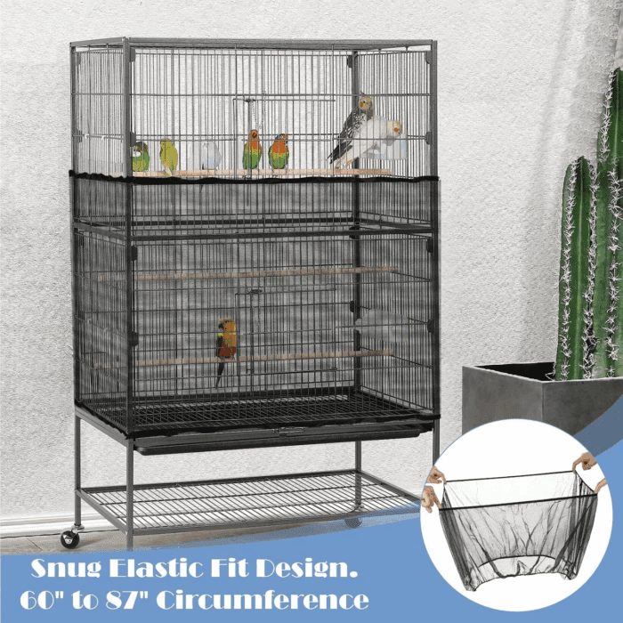Adjustable Bird Cage Seed Catcher Net Cover Elastic Band Mesh Cover Black for Parrot Cages - Image 6