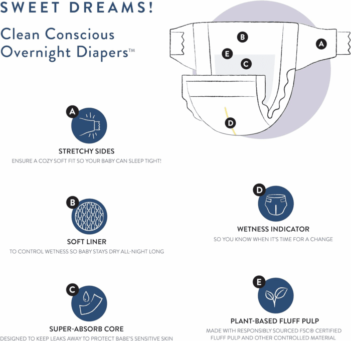 Clean Conscious Overnight Diapers for Sensitive Skin | Hypoallergenic, Fragrance Free | Cozy Cloud + Star Signs | Club Box, Size 3 (16-28 Lbs), 52 Count - Image 5