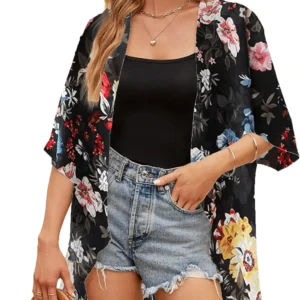 Women Floral Print Lightweight Chiffon Kimono Cardigan Short Sleeve Loose Beach Wear Cover up Blouse Top