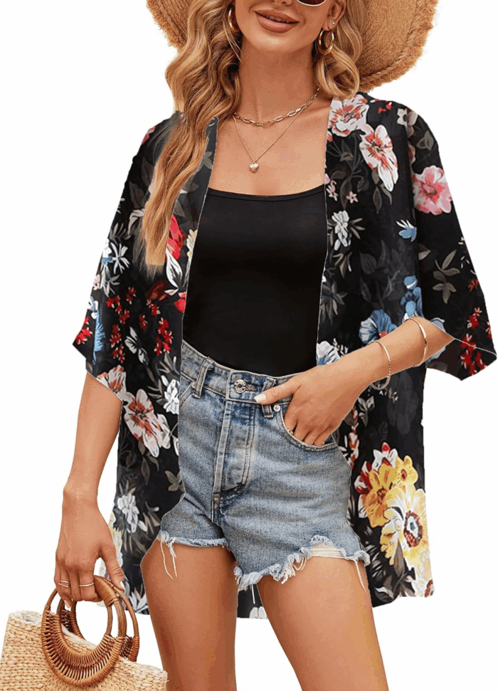 Women Floral Print Lightweight Chiffon Kimono Cardigan Short Sleeve Loose Beach Wear Cover up Blouse Top