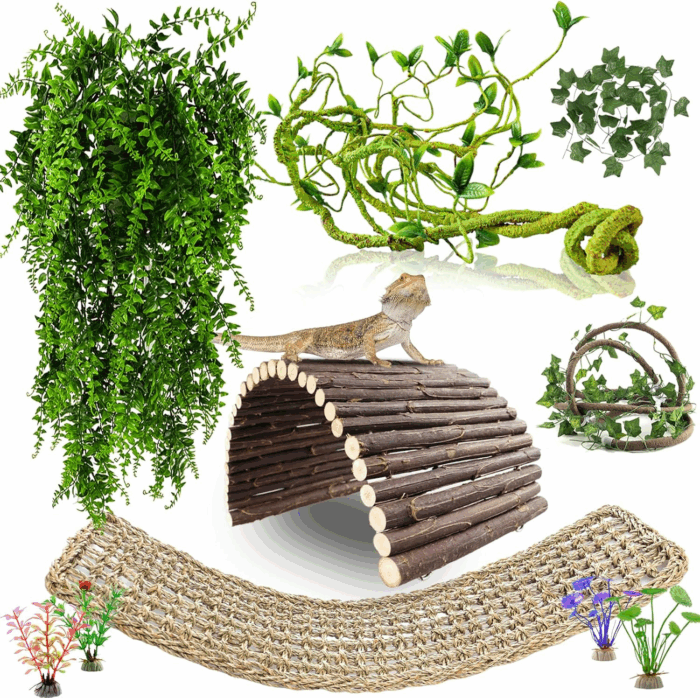 Bearded Dragon Tank Accessories, 10 PCS Reptile Hammock Plants Bridge Jungle Climber Vines for Snakes Bearded Dragon Chameleon Gecko Lizard