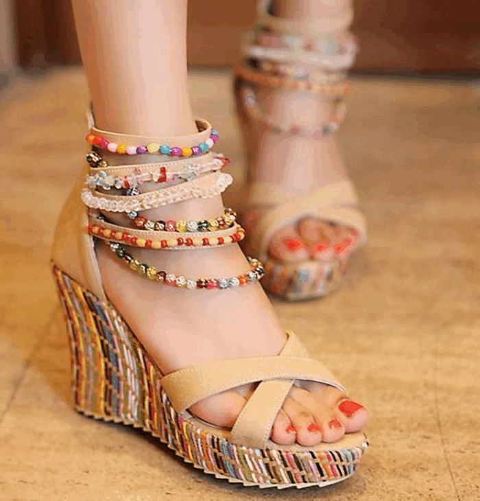 Women'S Wedge Sandals with Pearls across the Top Platform Sandals High Heels - Image 3