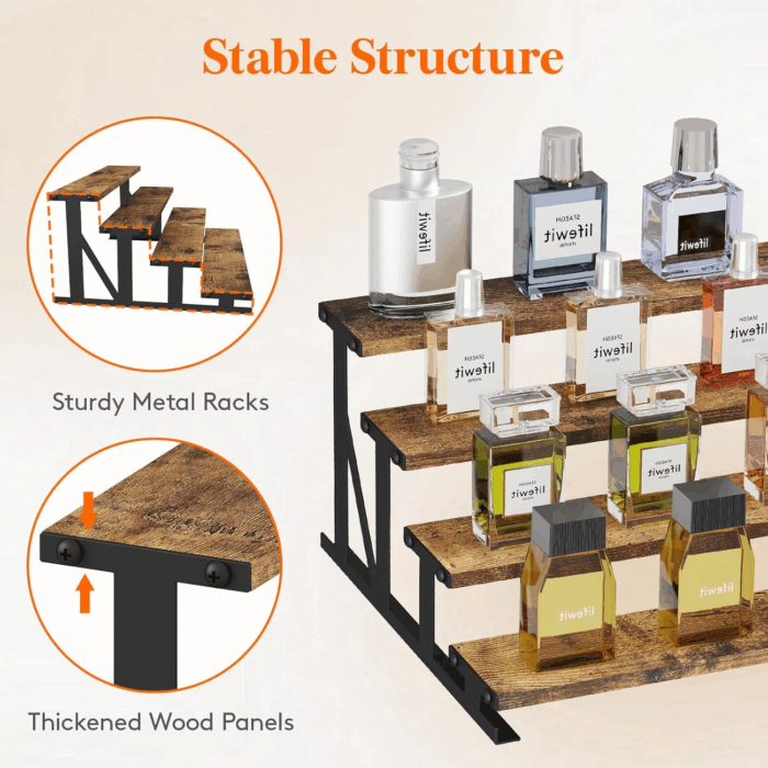 4-Tier Wooden Dispaly Riser with Metal Stand, 13.9 Inch Step Cologne Stand, Perfume Organizer, Display Shelf for Fragrance, Skincare, Figurine, Spice, Tabletop, Cabinet, 1 Set, Rustic Brown - Image 4