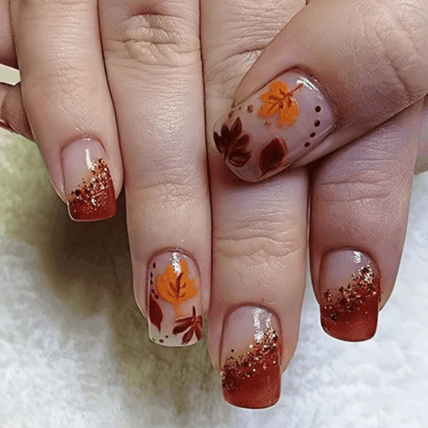 24 Pcs Fall Maple Leaf Press on Nails Short Square Reddish Brown Glitter Fake Nails Full Cover Brow French Tip False Nails Autumn Maple Leaf Artificial Nails for Women DIY Autumn Manicure Decorations