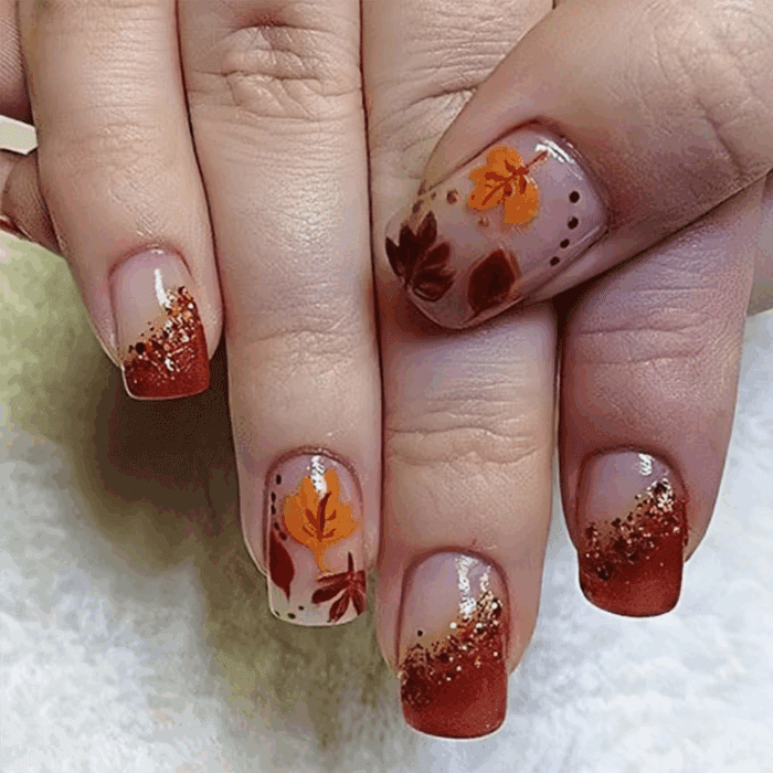 24 Pcs Fall Maple Leaf Press on Nails Short Square Reddish Brown Glitter Fake Nails Full Cover Brow French Tip False Nails Autumn Maple Leaf Artificial Nails for Women DIY Autumn Manicure Decorations