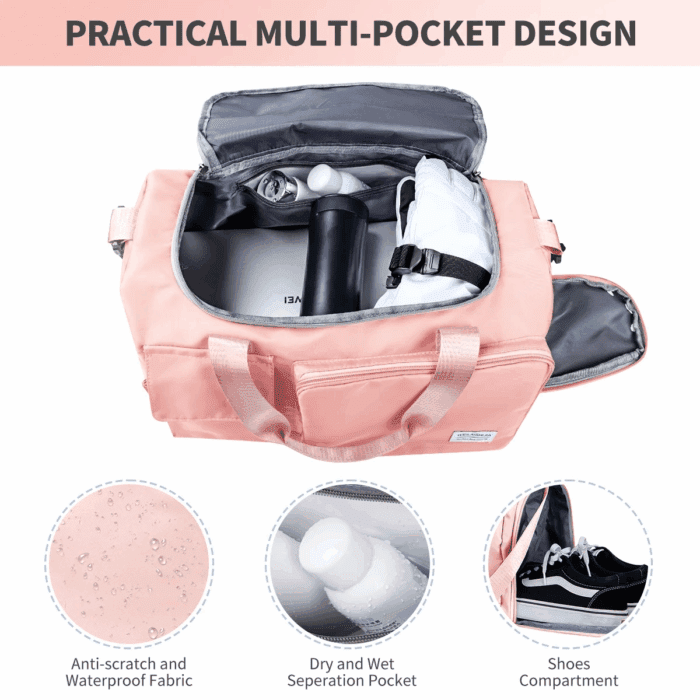 Travel Duffel Bag for Women, Foldable Weekender Overnight Bag with Shoe Compartment, Waterproof Shoulder Sports Tote Gym Bag with Toiletry Bag for Travel, Hospital Holdalls, Pink - Image 4