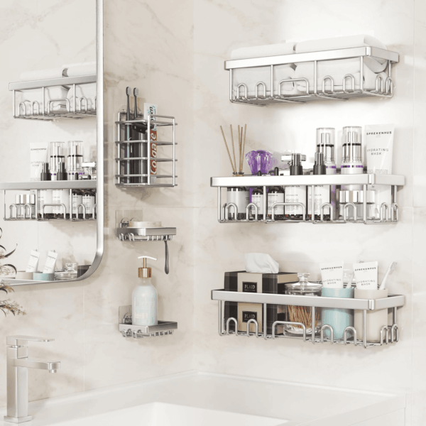 Stainless Steel Shower Caddy 6-Pack, Ideal for Gift, Large Wall Mounted Shower Rack, Bathroom Shelves over Toilet, Organizer Storage Accessories with Soap Dish & Toothbrush Holder, Silver - Image 3