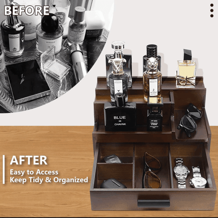 Cologne Organizer for Men, 3 Tier Perfume Stand Holder with Drawer and Hidden Compartment, Cologne Display Shelf for Dresser, Great Gift for Man/Father, Deep Brown - Image 5