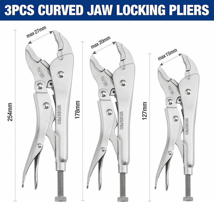 5-Piece Locking Pliers Set, Pliers Tool Set, Vice Grips with Chrome-Vanadium Steel, 5/7/10 Inch Curved Jaw Pliers, 6.5/9 Inch Long Nose Pliers - Image 5
