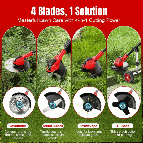 Electric Weed Wacker Cordless, 4 in 1 Lawn Mower Grass Edger with 2 Pcs 3000Mah Batteries Powered & Detachable Wheels, Foldable and Lightweight Grass Trimmer/Brush Cutter, Weed Eater Garden and Yard - Image 2