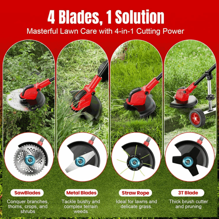 Electric Weed Wacker Cordless, 4 in 1 Lawn Mower Grass Edger with 2 Pcs 3000Mah Batteries Powered & Detachable Wheels, Foldable and Lightweight Grass Trimmer/Brush Cutter, Weed Eater Garden and Yard - Image 2