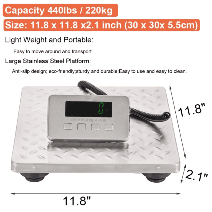 440Lbs X 0.1 Oz Digital Shipping Postal Scale Stainless Steel Large Platform Industrial Post Office Bathroom Pet Scale Heavy Duty with Rechargerable Battery - Image 2