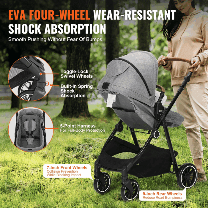 2 in 1 Convertible Baby Stroller, Foldable Infant Newborn Bassinet Pram, Unisex Travel Stroller for Newborn Baby, Dark Grey - Image 3