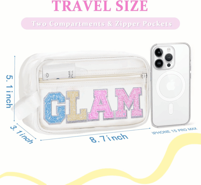 Clear Preppy Patch Makeup Bag Cosmetic Pouch with Glitter Bling Letters for Women Teen Girls Sister, Make up Travel Stuff Organizer Cute Stylish Trendy Gifts Sparkling Skincare Purse (GLAM) - Image 2