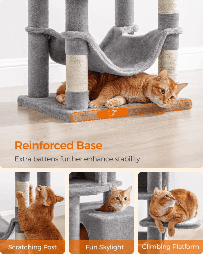 Cat Tree, 61-Inch Cat Tower for Indoor Cats, Plush Multi-Level Cat Condo with 5 Scratching Posts, 2 Perches, 2 Caves, Hammock, 2 Pompoms, Light Gray UPCT192W01 - Image 6