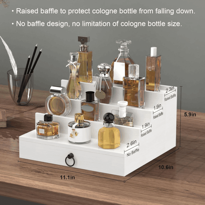 Cologne Organizer for Men, 4 Tier White Wood Perfume Organizer with Felt Lining Drawer and Hidden Compartment, Perfume Display Holder, a Gift for Men - Image 5
