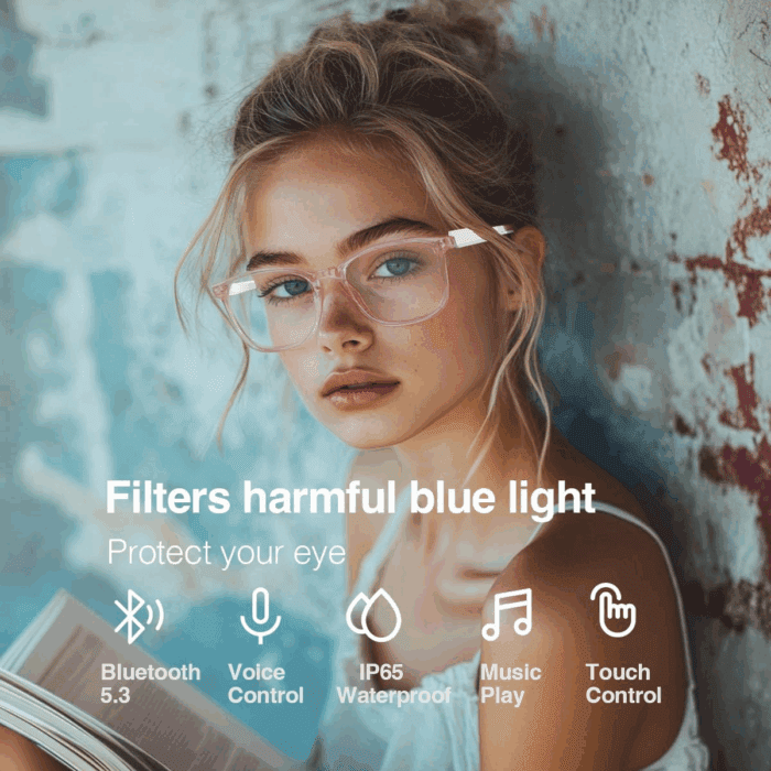Bluetooth Anti-Blue Light Glasses, Smart Bluetooth Glasses for Women,Voice Control,Open Ear Style, Listen Music and Calls (Lear Lens with Pink Frame1) - Image 6