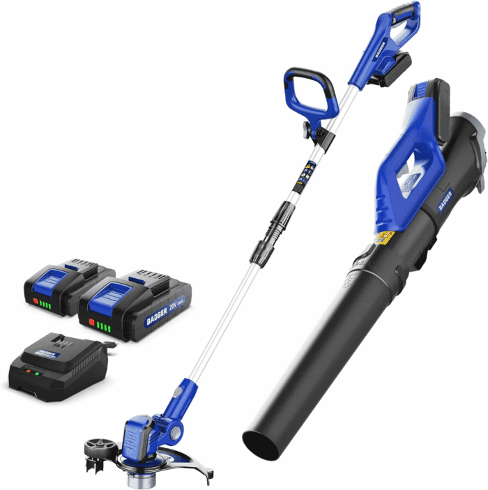 20V Weed Wacker, Leaf Blower, Wheeled Edger Kit Electric with 2 * 2Ah Battery & Charger, String Trimmer, Lightweight, Adjustable Telescopic Shaft, Fast-Charging