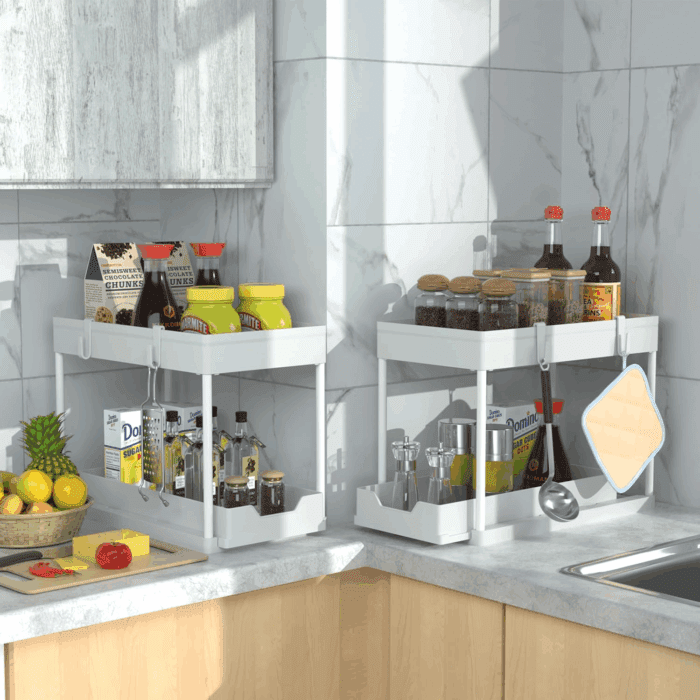 Cabinet, 2 Pack under Sink Organizer, 2 Tier Sliding Bathroom Kitchen Organizer, Large White ABS Baskets, Easy Install & Clean - Image 5