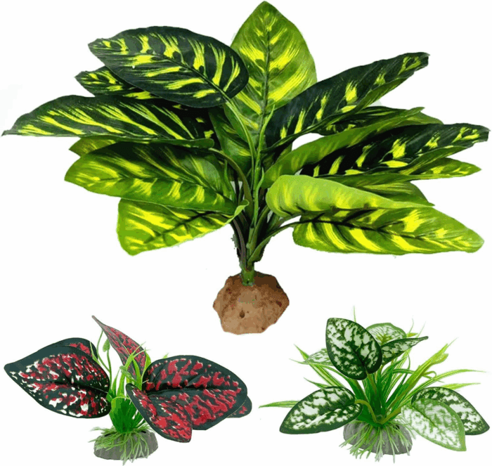 Reptile Artificial Plants, Terrarium Plants Decorations Supplies, Aquarium Fish Tank Plant, Amphibian Habitat Hideout Tank Accessories(L Set-3Pcs/B)
