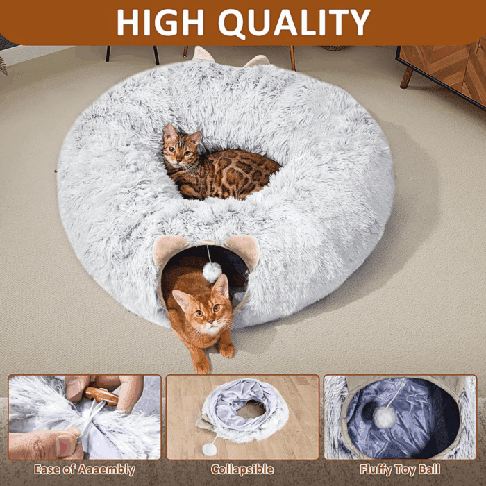 Cat Tunnel with Cat Bed for Indoor Cats, under Christmas Tree Soft Plush Peekaboo Cat Cave Donut Tunnel, Multifunctional Playground Toys Hideplace for Kittens, Rabbit, Ferret (Grey) - Image 6