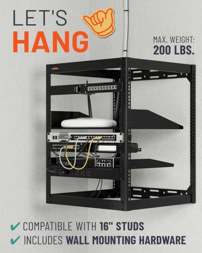 15U Open Frame Rack for Servers & AV Gear - Wall Mountable Design Includes 2X Vented Shelves, 25X Rack Mounting Screws, 4X Leveling Feet, 4X Shelf Stops, & 2X Securement Straps - Image 4